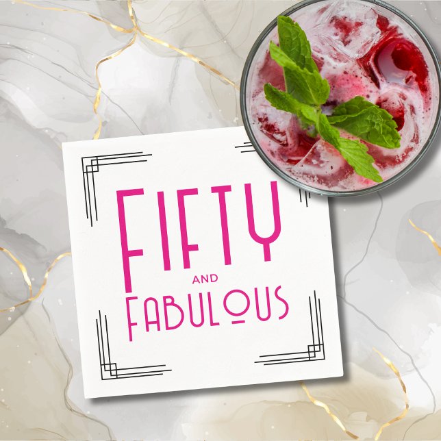 Serviette En Papier Fifty and Fabulous Hot Pink Art Deco 50th Birthday (Fifty and Fabulous Hot Pink Art Deco 50th Birthday Napkins with Black and White Art Deco Corners.)