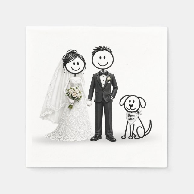 Serviette En Papier Figures de mariés avec chien de témoin (Devant)