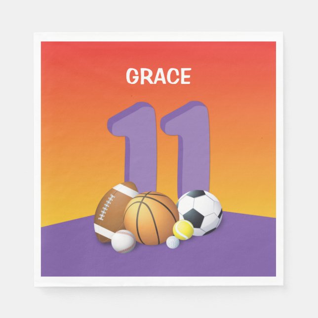 Serviette En Papier Fille 11e anniversaire des balles de sport (Devant)