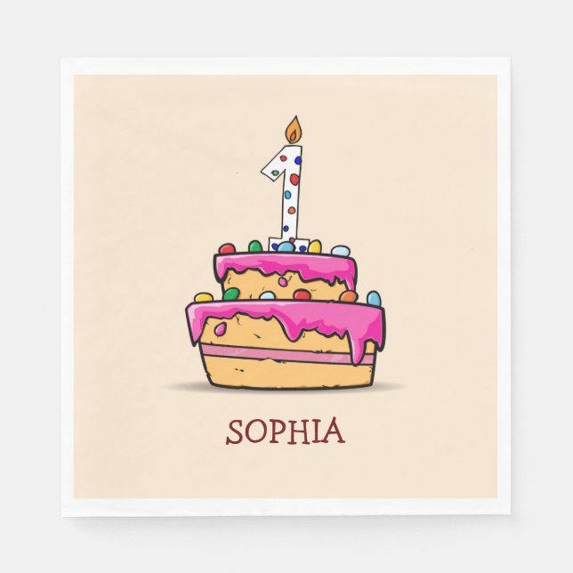 Serviette En Papier Fille 1er anniversaire, 1 sur le gâteau rose doux (Devant)