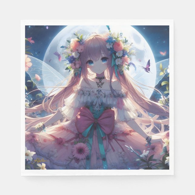 Serviette En Papier Fille Anime Fleur Lune Fée (Devant)