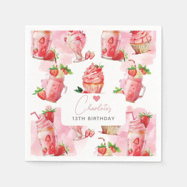 Serviette En Papier Fille Anniversaire Fraise Milkshake Personnalisé (Devant)