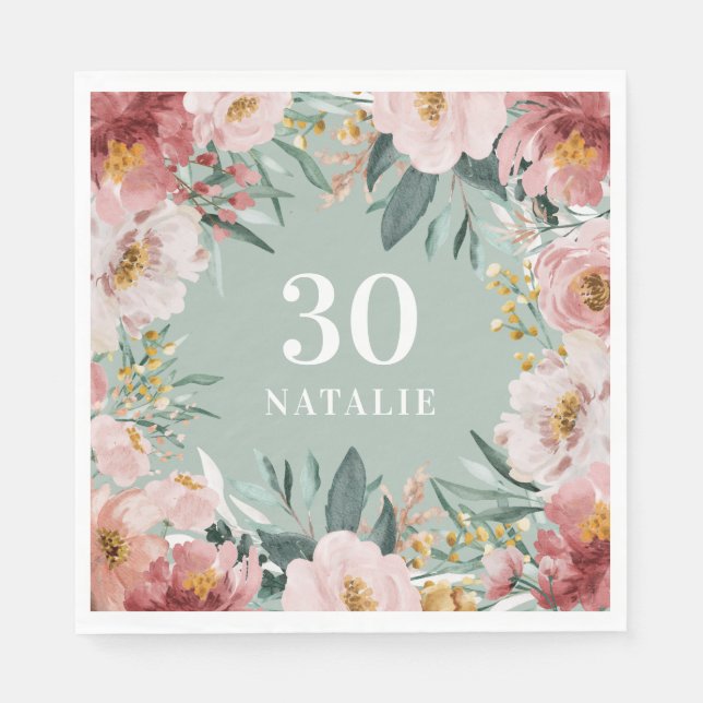Serviette En Papier Fille aquarelle florale anniversaire rose chic (Devant)