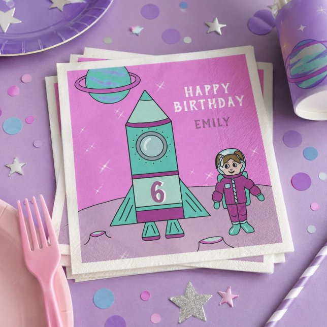 Serviette En Papier Fille astronaute et lune de fusée Anniversaire dan (Créateur téléchargé)