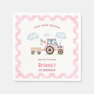 Serviette En Papier Fille au Tracteur Agricole Rose Anniversaire Tout