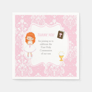 Serviette En Papier Fille aux cheveux roux de première communion Merci
