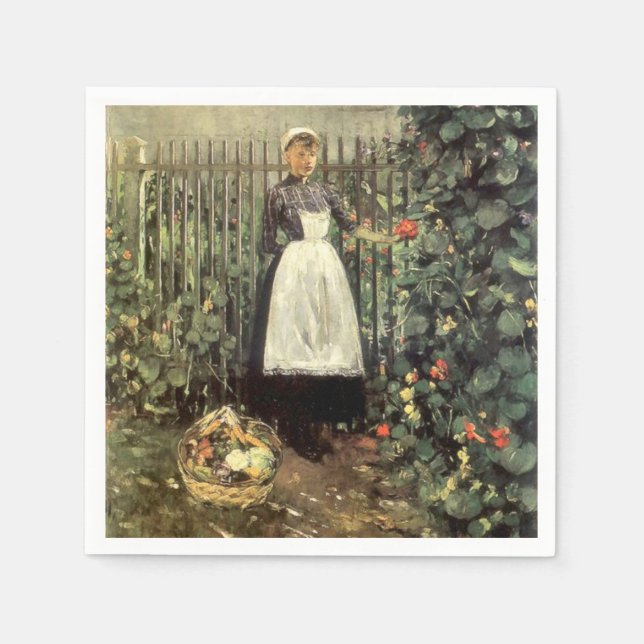 Serviette En Papier Fille avec un panier de légumes dans un jardin (Devant)