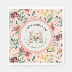Serviette En Papier Fille Baby shower aquarelle lapins en rose floral
