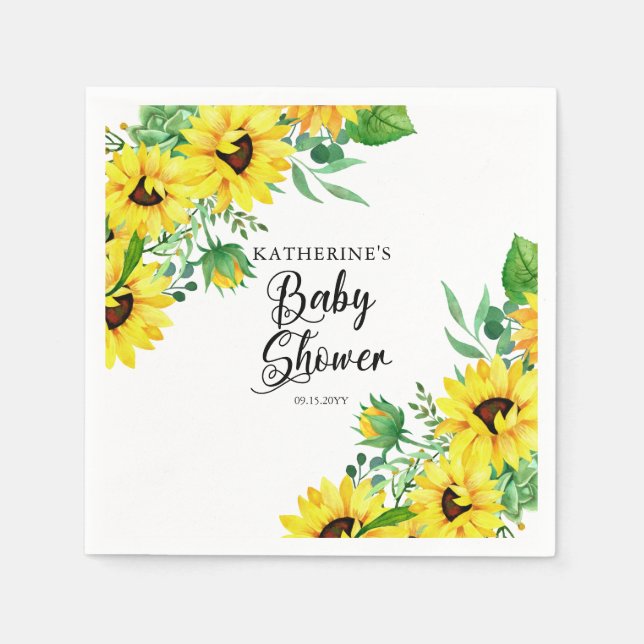 Serviette En Papier Fille Baby shower Boho Tournesols | Eucalyptus (Devant)