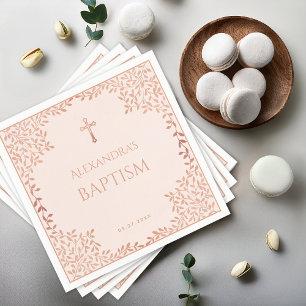 Serviette En Papier Fille Baptême Blush rose Élégant Rose Feuilles or