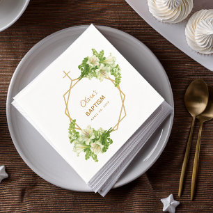 Serviette En Papier Fille Baptême Floral Lys Gold Cross Géométrique