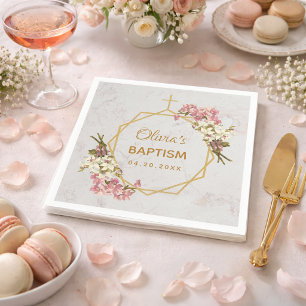 Serviette En Papier Fille Baptême Marbre Floral Orchidées Or Géométriq