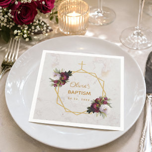 Serviette En Papier Fille Baptême Marbre Or Bourgogne Pivoines Floral