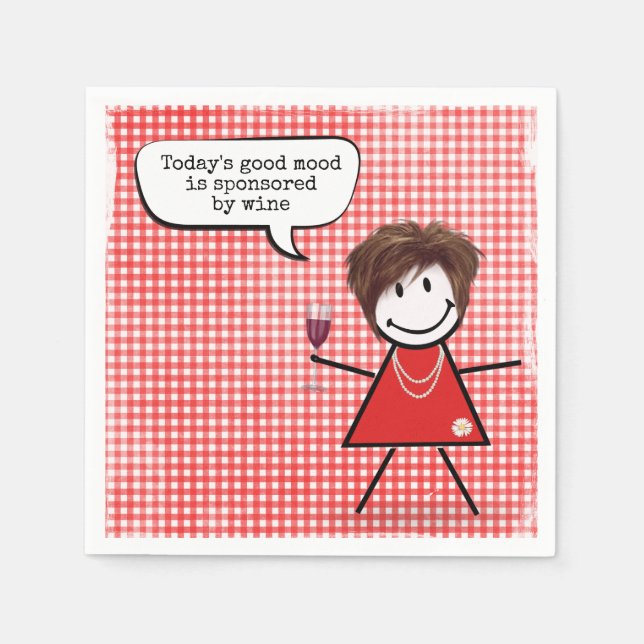 Serviette En Papier Fille Bâton Avec Verre à Vin Sur Gingham (Devant)