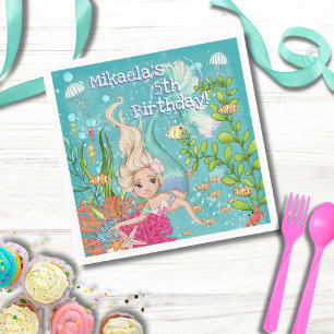 Serviette En Papier Fille Blonde Sirène sous la mer Anniversaire