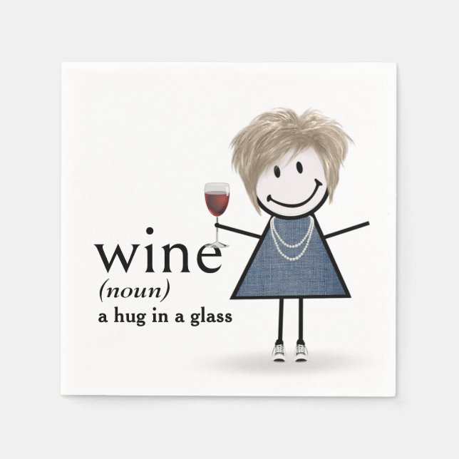 Serviette En Papier Fille bonhomme allumette avec verre de vin rouge (Devant)