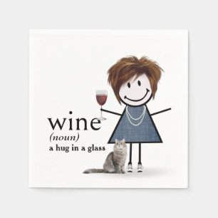 Serviette En Papier Fille Bonhomme Allumette Avec Vin Et Chat