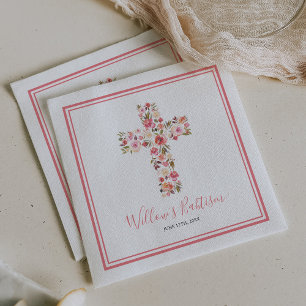 Serviette En Papier Fille croix florale rose baptême communion