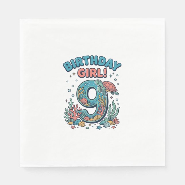 Serviette En Papier Fille d'anniversaire 9 Tortue de mer Vector Design (Devant)
