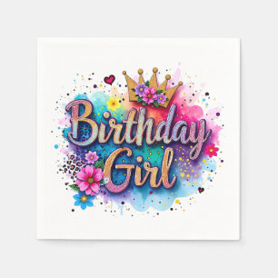 Serviette En Papier Fille d'anniversaire florale arc-en-ciel