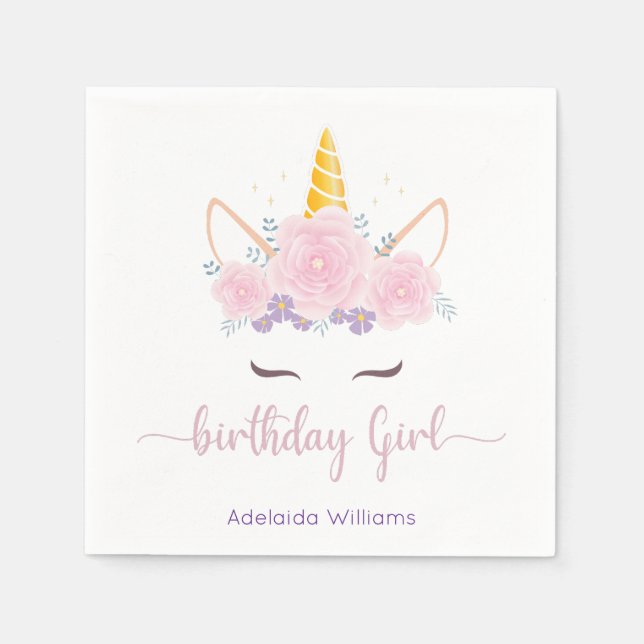 Serviette En Papier Fille d'anniversaire licorne (Devant)
