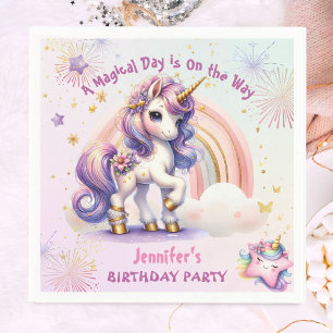 Serviette En Papier Fille d'anniversaire licorne papier arc-en-ciel or