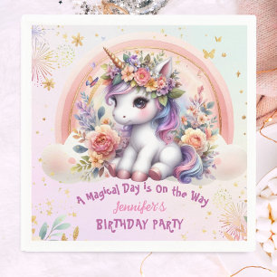 Serviette En Papier Fille d'anniversaire licorne rose floral arc-en-ci