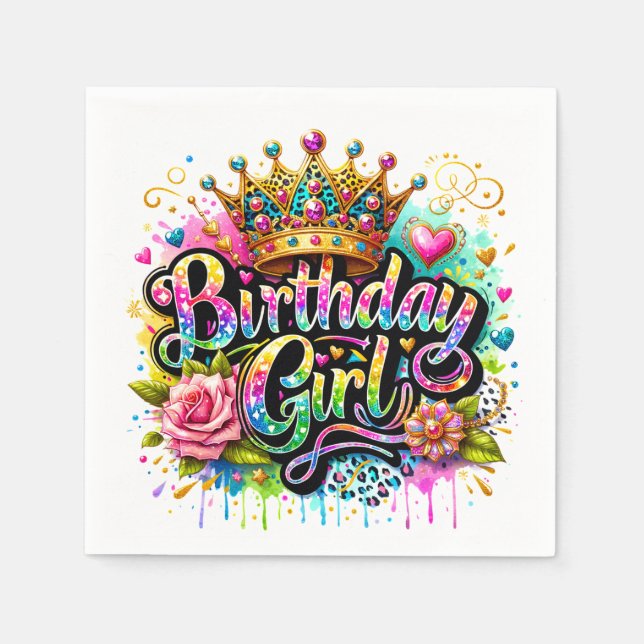 Serviette En Papier Fille d'anniversaire royale colorée (Devant)