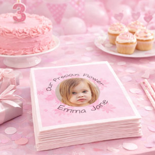 Serviette En Papier Fille de 3 ans, photo florale rose minimaliste pou
