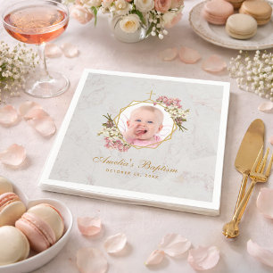 Serviette En Papier Fille de baptême Photo Marbre Orchidées roses Fleu