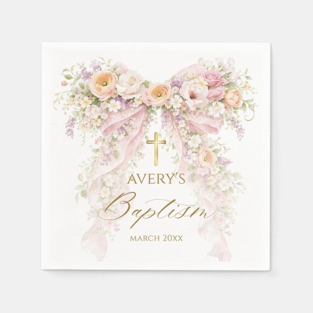 Serviette En Papier Fille de l'arc floral Bloom Baptême (Devant)