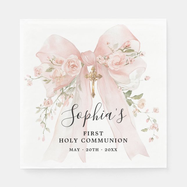 Serviette En Papier Fille de première communion roses à ruban rose per (Devant)