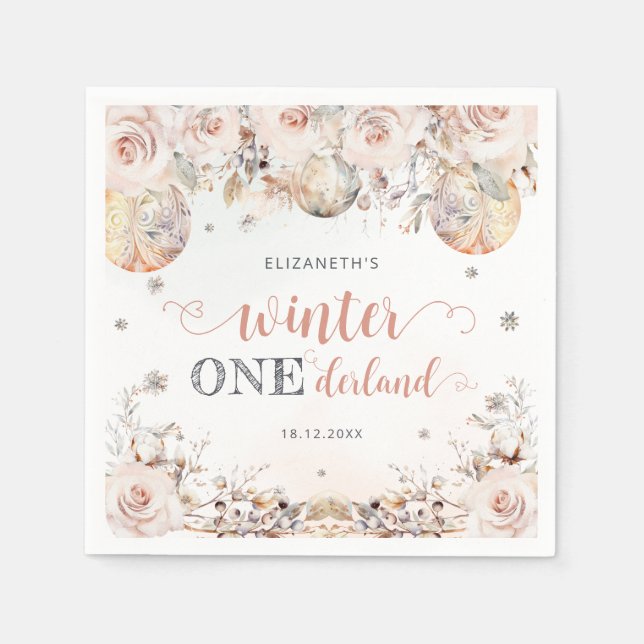 Serviette En Papier Fille d'hiver rose pâle Fleur d'hiver Onederland (Devant)