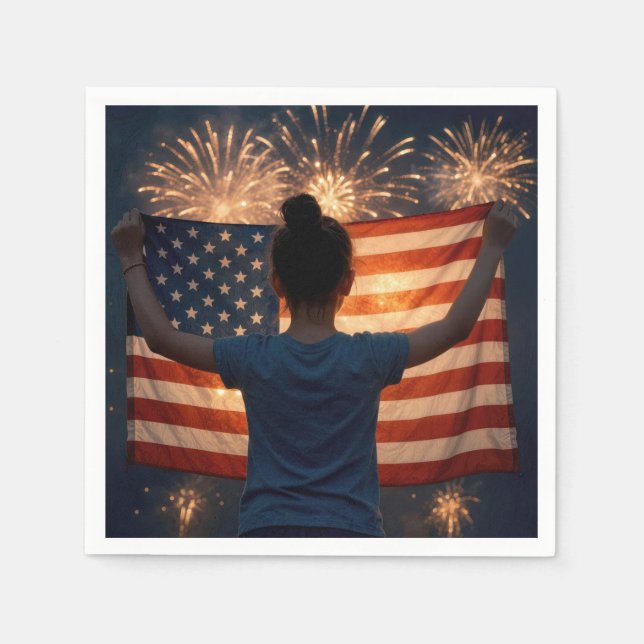 Serviette En Papier Fille du 4 juillet avec drapeau et feux d'artifice (Devant)