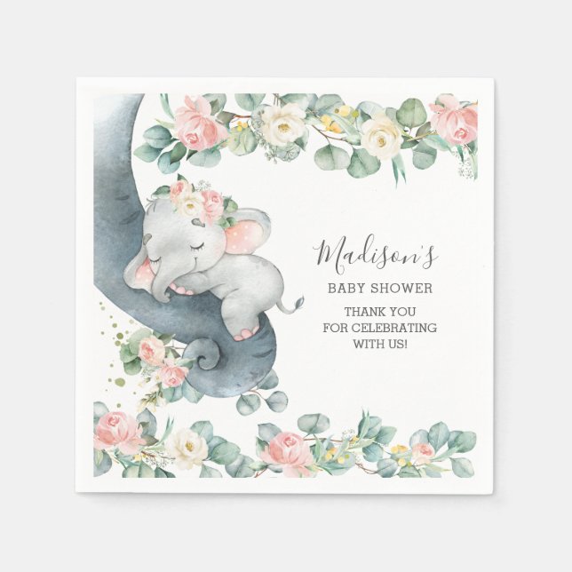 Serviette En Papier Fille Eléphant Rose Floral Baby shower Anniversair (Devant)
