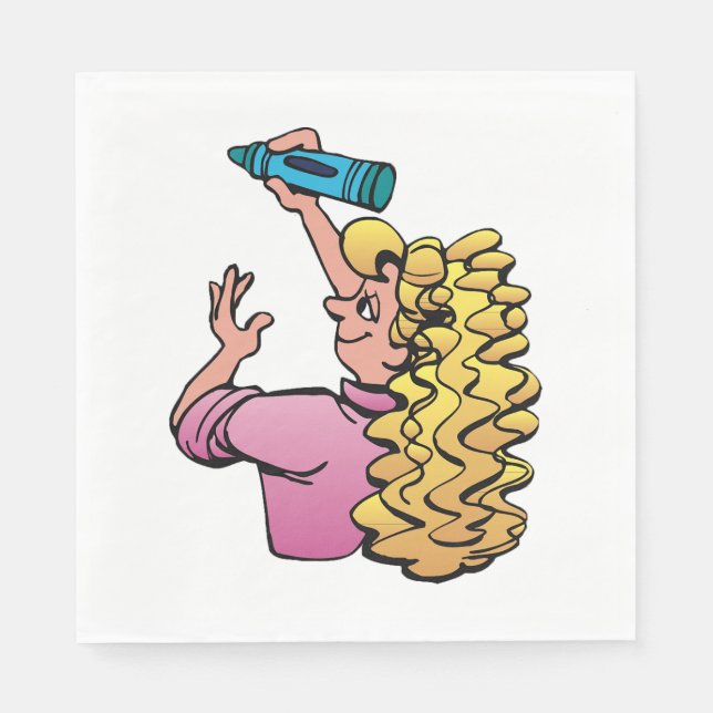 Serviette En Papier Fille enjouée avec crayon (Devant)