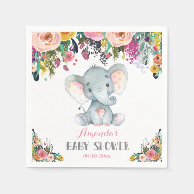 Serviette En Papier Fille Florale Eléphant Baby shower rose serviettes (Devant)