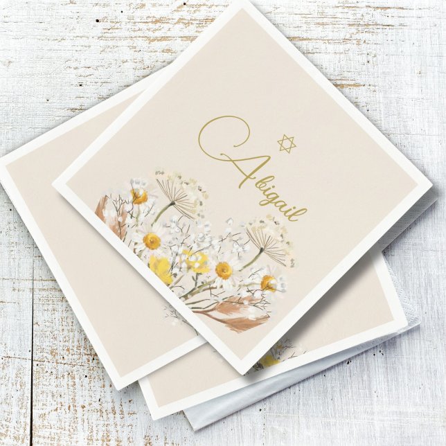 Serviette En Papier Fille juive Baby Naming Aquarelle Fleurs de champ (Créateur téléchargé)