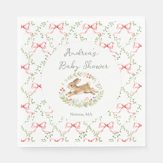 Serviette En Papier Fille Lapin Fleur Rose Bébé Naissance  (Devant)