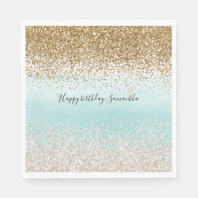 Serviette En Papier Fille Mint Aquarelle Ombre Gold Glitzy Parties sci (Devant)