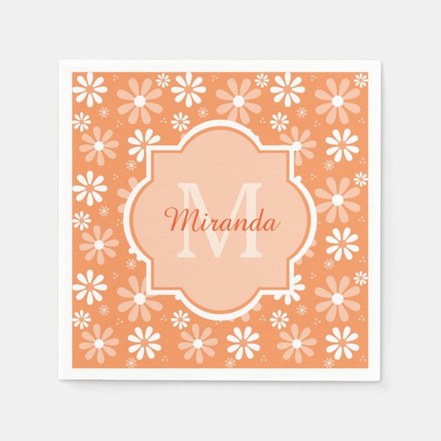 Serviette En Papier Fille Monogramme mignon Orange Daisy Fleurs et nom (Devant)