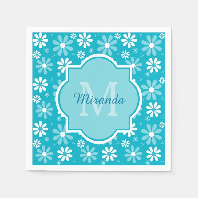 Serviette En Papier Fille Monogramme Turquoise Daisy Fleurs Avec Nom (Devant)