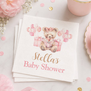 Serviette En Papier Fille Ourson Rose Fête Prénatale À peine attendre