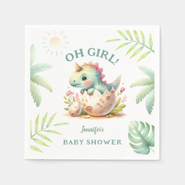 Serviette En Papier Fille Papier Fête de Naissance Dinosaure Rose (Devant)