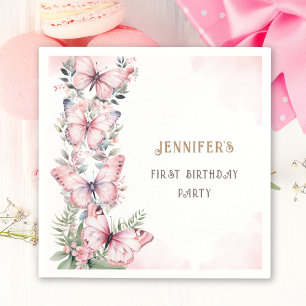 Serviette En Papier Fille Papillon Aquarelle Rose 1er Anniversaire