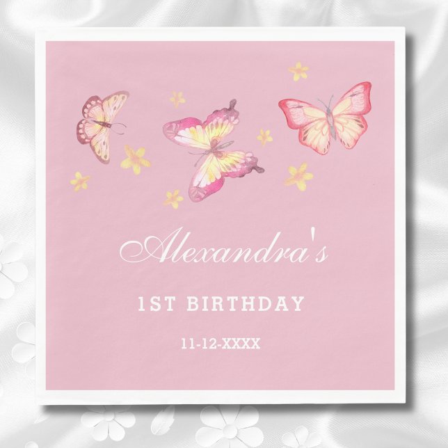 Serviette En Papier Fille papillon rose 1er anniversaire (Créateur téléchargé)