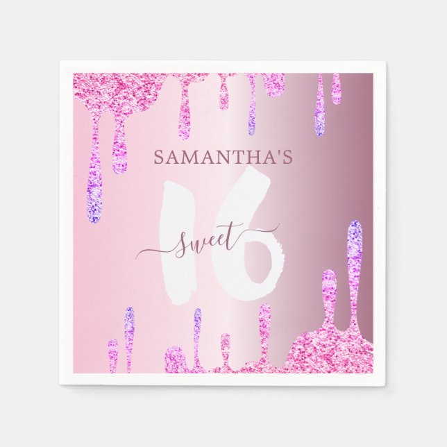 Serviette En Papier Fille Parties scintillant rose gouttes doux 16 (Devant)