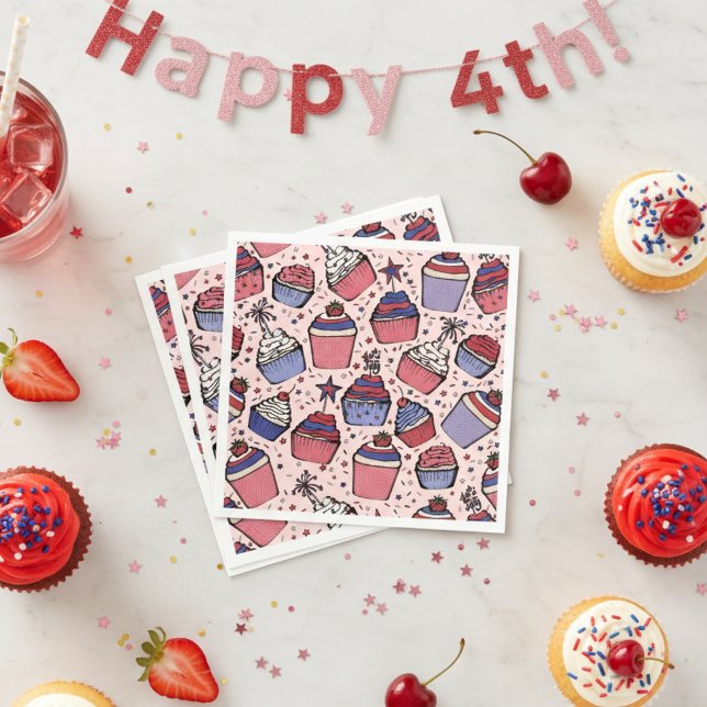 Serviette En Papier Fille Patriotique Rouge Blanc et bleu Cupcake Part (Cute Pink 4th of July Party Napkins. Girly Patriotic Stars and Strips Fourth of July Cupcake Pattern)