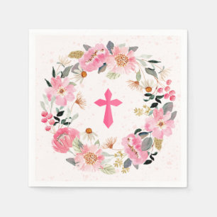 Serviette En Papier Fille première communion aquarelle rose floral