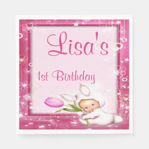 Serviette En Papier Fille Rose Floral Baby Bunny 1er anniversaire